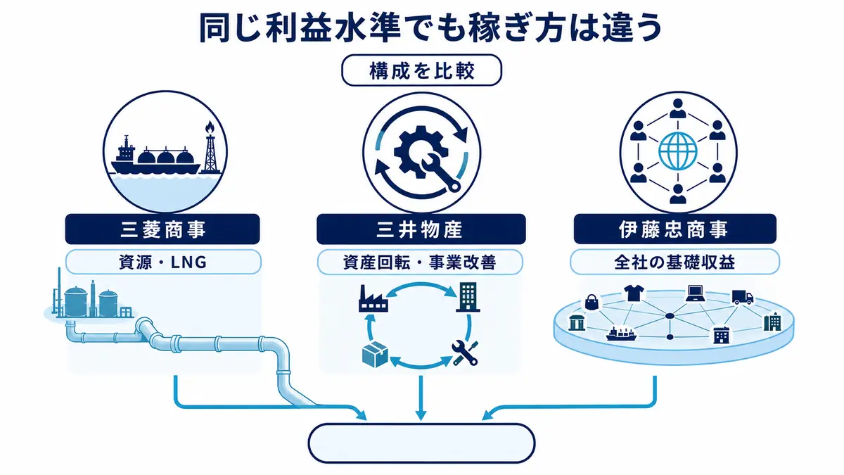 三菱商事は資源・LNG、三井物産は資産回転と事業改善、伊藤忠商事は全社の基礎収益という異なる収益エンジンで近い純利益水準へ到達した比較