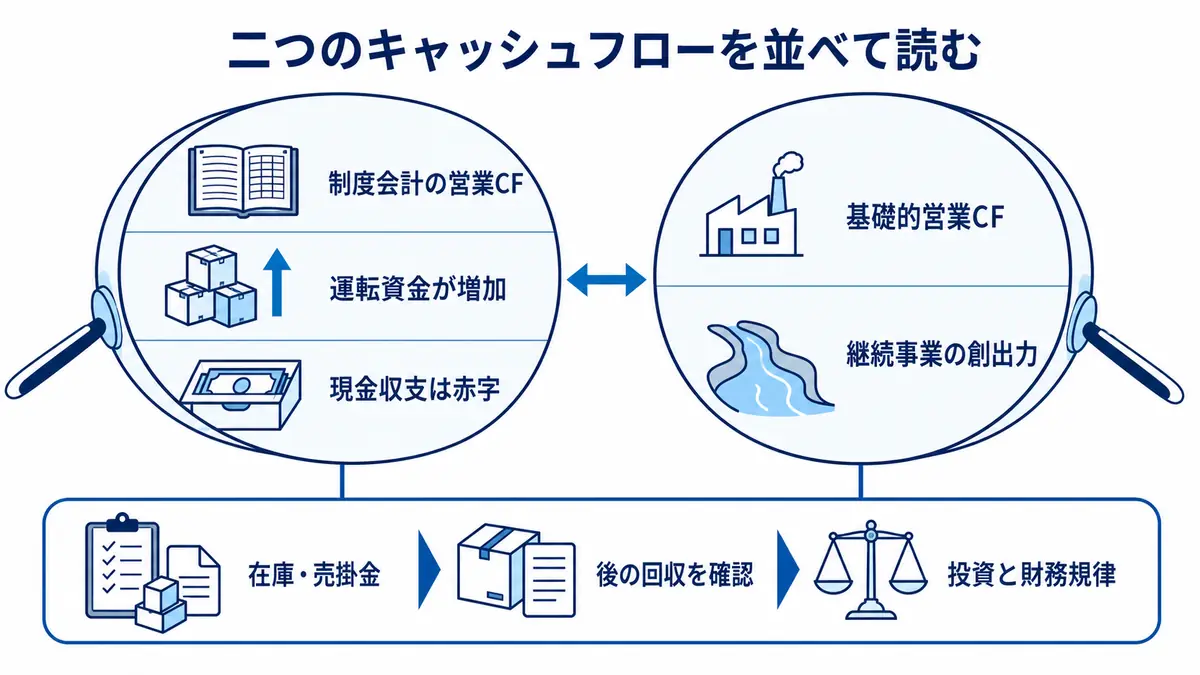 制度会計の営業キャッシュフローでは運転資金増加により現金収支が赤字になる一方、基礎的営業キャッシュフローでは継続事業の創出力を捉え、在庫・売掛金の回収と投資規律を確認する見方