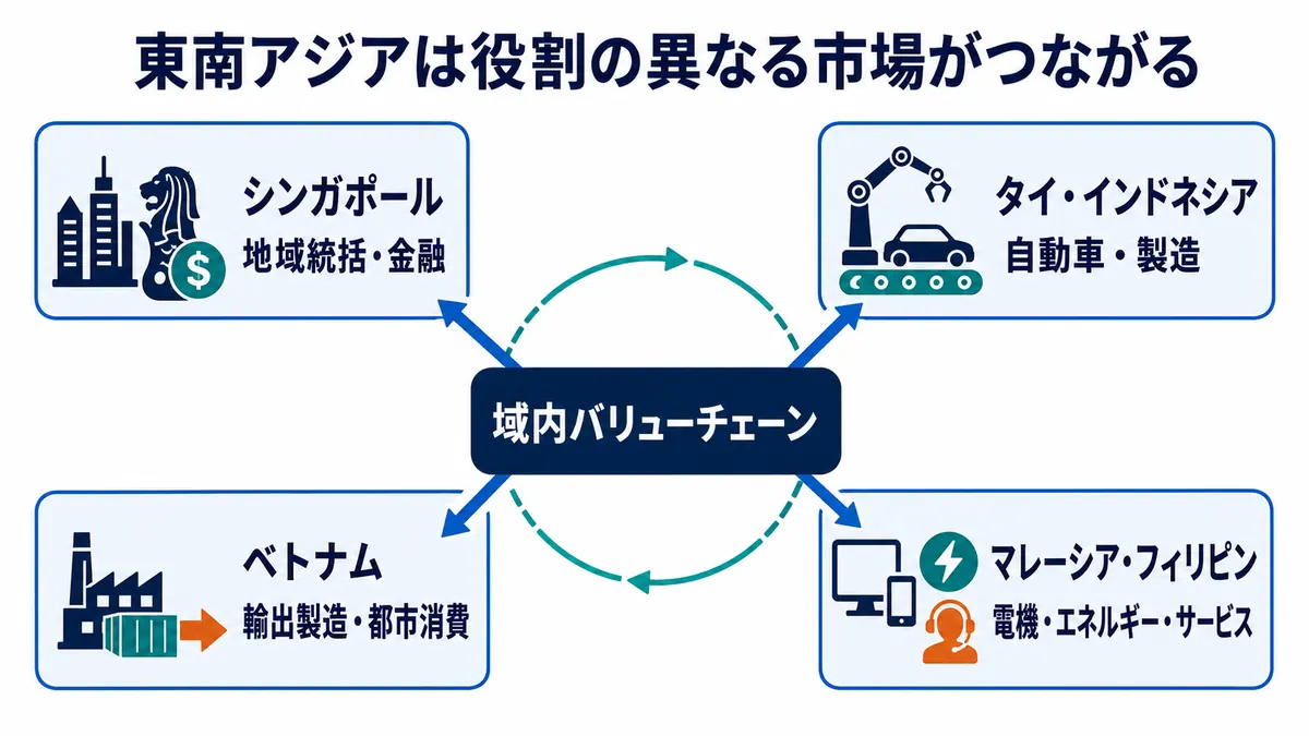 東南アジア各国の地域統括・製造・都市消費・サービスの役割を示す図解