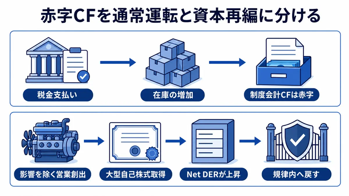 税金支払いと在庫増加で制度会計上の営業キャッシュフローが赤字になる経路と、影響除外後の営業創出力、大型自己株式取得によるNet DER上昇を分けて見る図