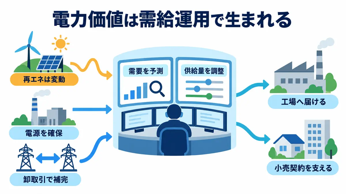 再生可能エネルギーなどの電源を確保し、需要予測、供給量調整、卸取引による補完を通じて工場と小売契約へ電力を届ける仕組み