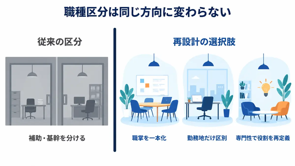 総合商社の職種区分について、従来の補助と基幹の区分から、職掌一本化、勤務地のみの区別、専門性による役割再定義へ変わる方向を比較した図