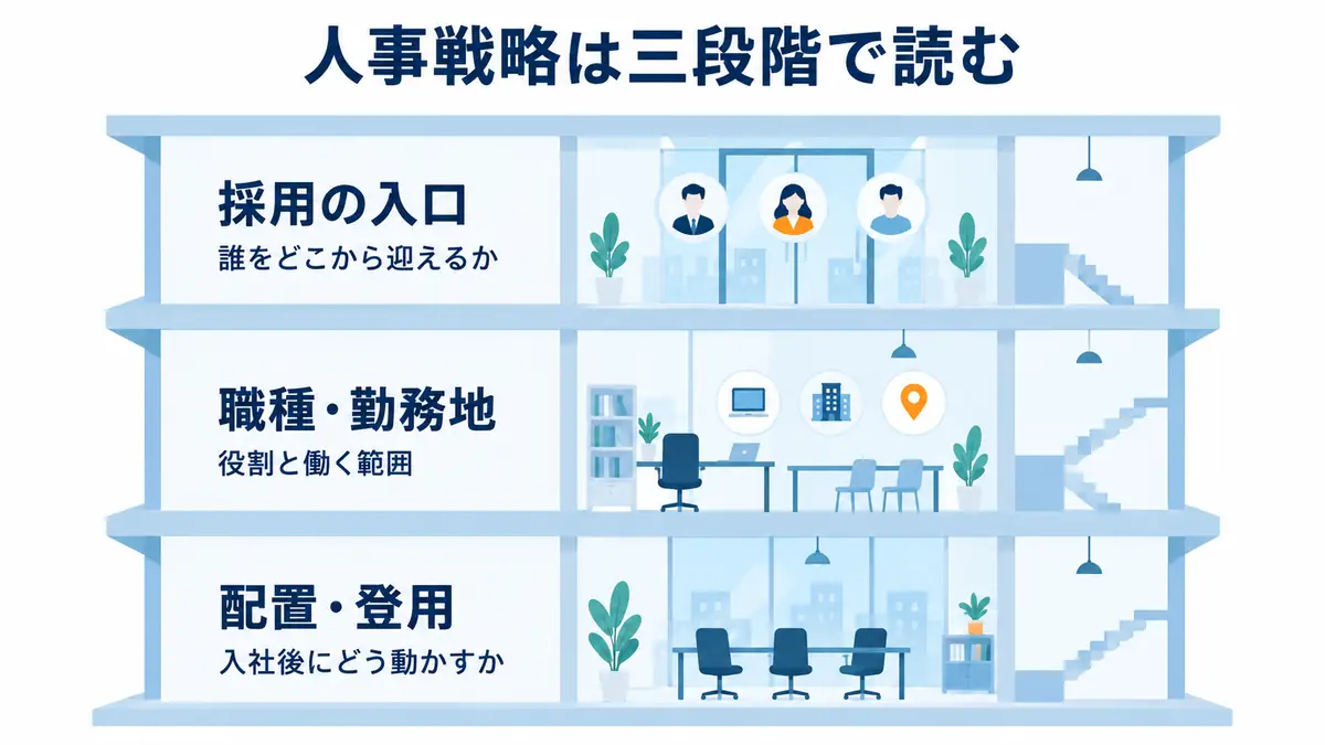 総合商社の人事戦略を、採用の入口、職種と勤務地、配置と登用の三段階に分けて読む枠組み