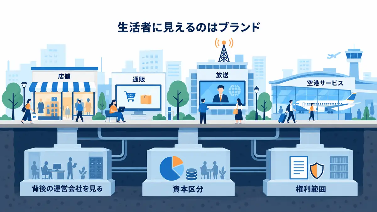 生活者が接する店舗、通販、放送、空港サービスの背後に、運営会社、資本区分、ブランドの権利範囲があることを示す断面図